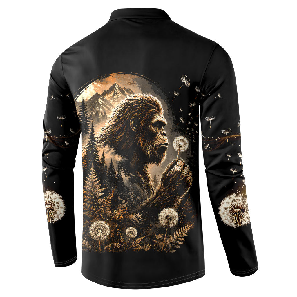 Bigfoot Blowing Wishes Dandelion Button Sweatshirt Vintage Sasquatch Art Forest Mountain Nature