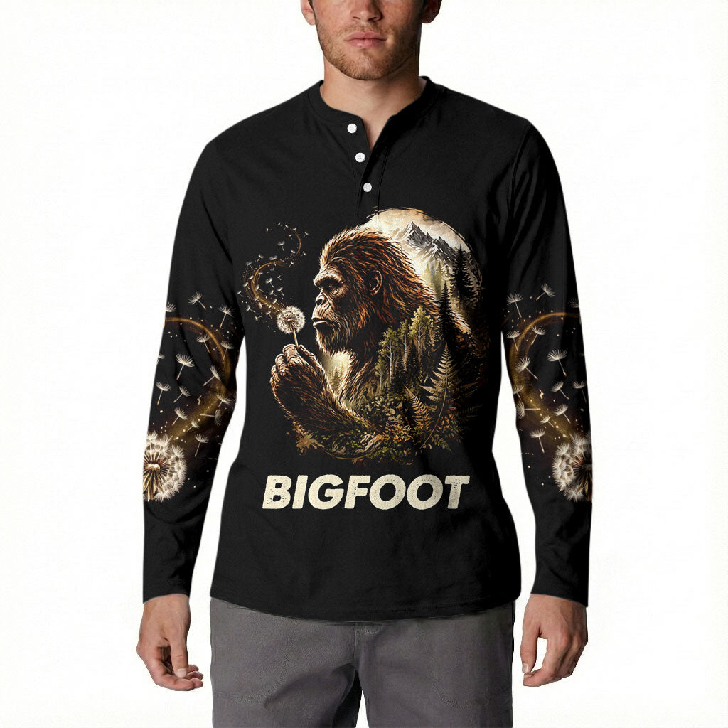 Bigfoot Blowing Wishes Dandelion Button Sweatshirt Vintage Sasquatch Art Forest Mountain Nature
