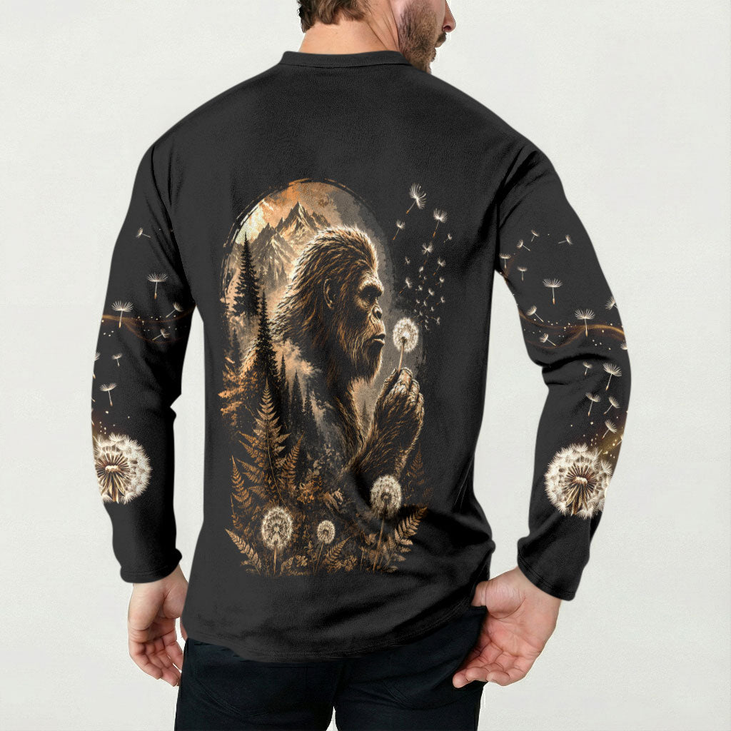 Bigfoot Blowing Wishes Dandelion Button Sweatshirt Vintage Sasquatch Art Forest Mountain Nature