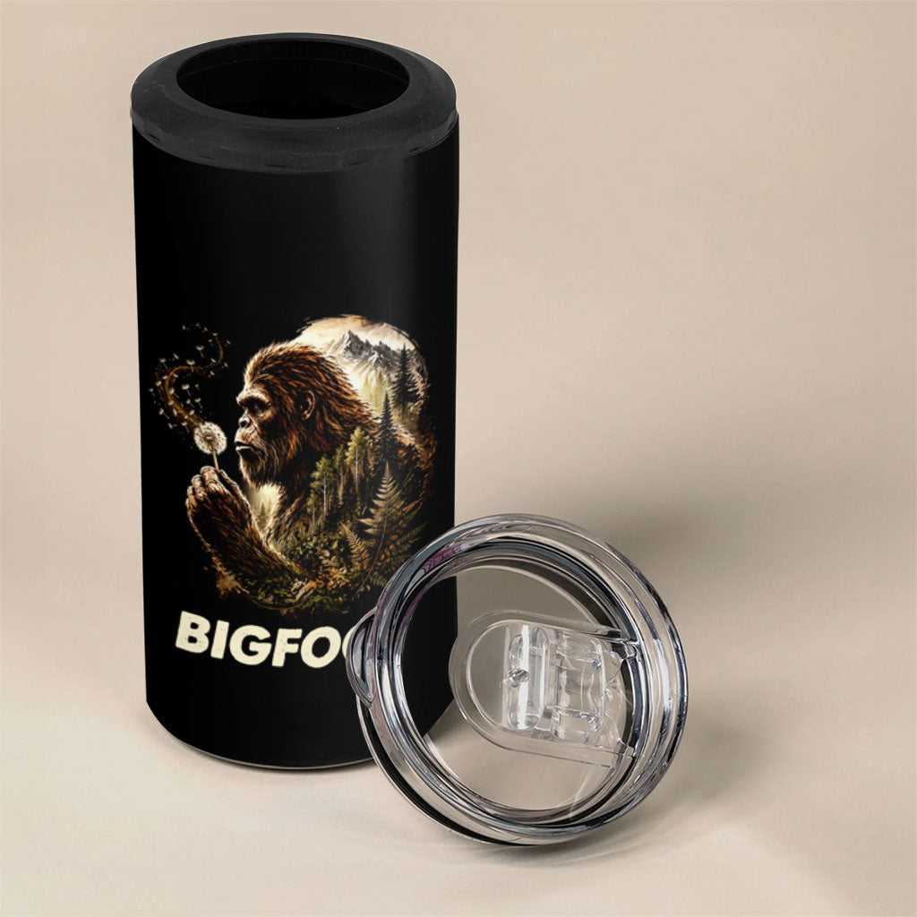 Bigfoot Blowing Wishes Dandelion 4 in 1 Can Cooler Tumbler Vintage Sasquatch Art Forest Mountain Nature