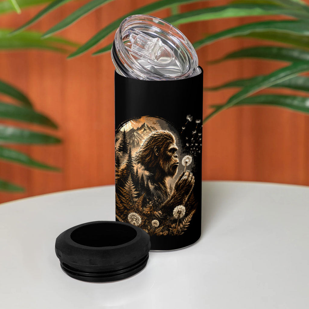 Bigfoot Blowing Wishes Dandelion 4 in 1 Can Cooler Tumbler Vintage Sasquatch Art Forest Mountain Nature
