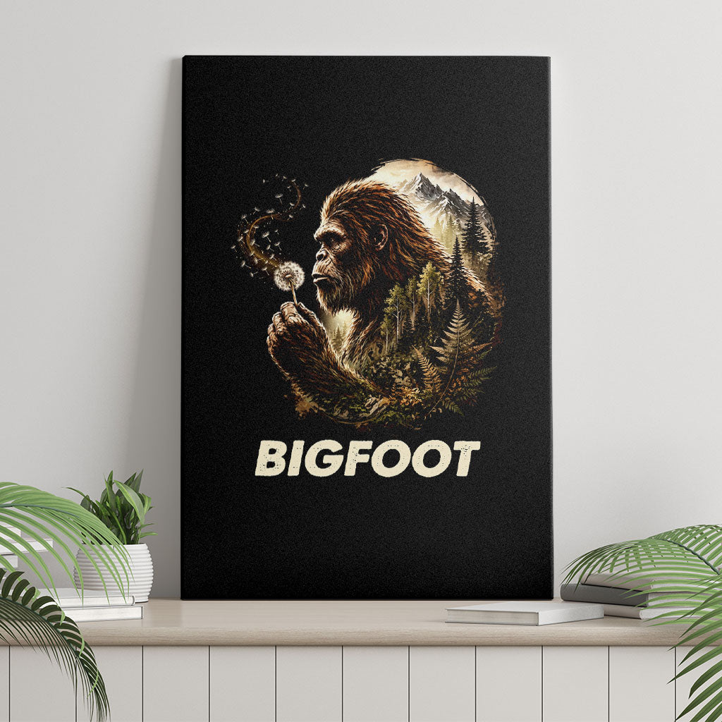 Bigfoot Blowing Wishes Dandelion Canvas Wall Art Vintage Sasquatch Art Forest Mountain Nature