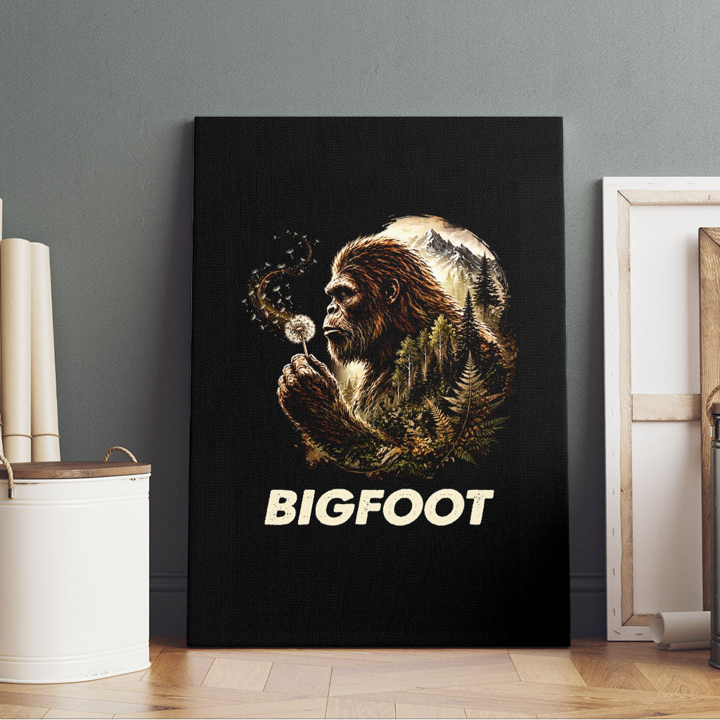 Bigfoot Blowing Wishes Dandelion Canvas Wall Art Vintage Sasquatch Art Forest Mountain Nature