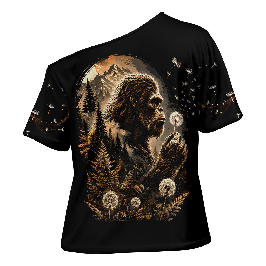 Bigfoot Blowing Wishes Dandelion Cross Shoulder Shirt Vintage Sasquatch Art Forest Mountain Nature