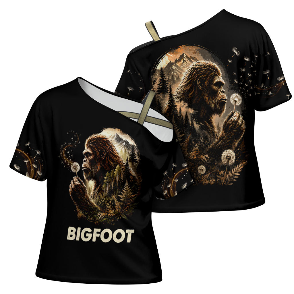Bigfoot Blowing Wishes Dandelion Cross Shoulder Shirt Vintage Sasquatch Art Forest Mountain Nature