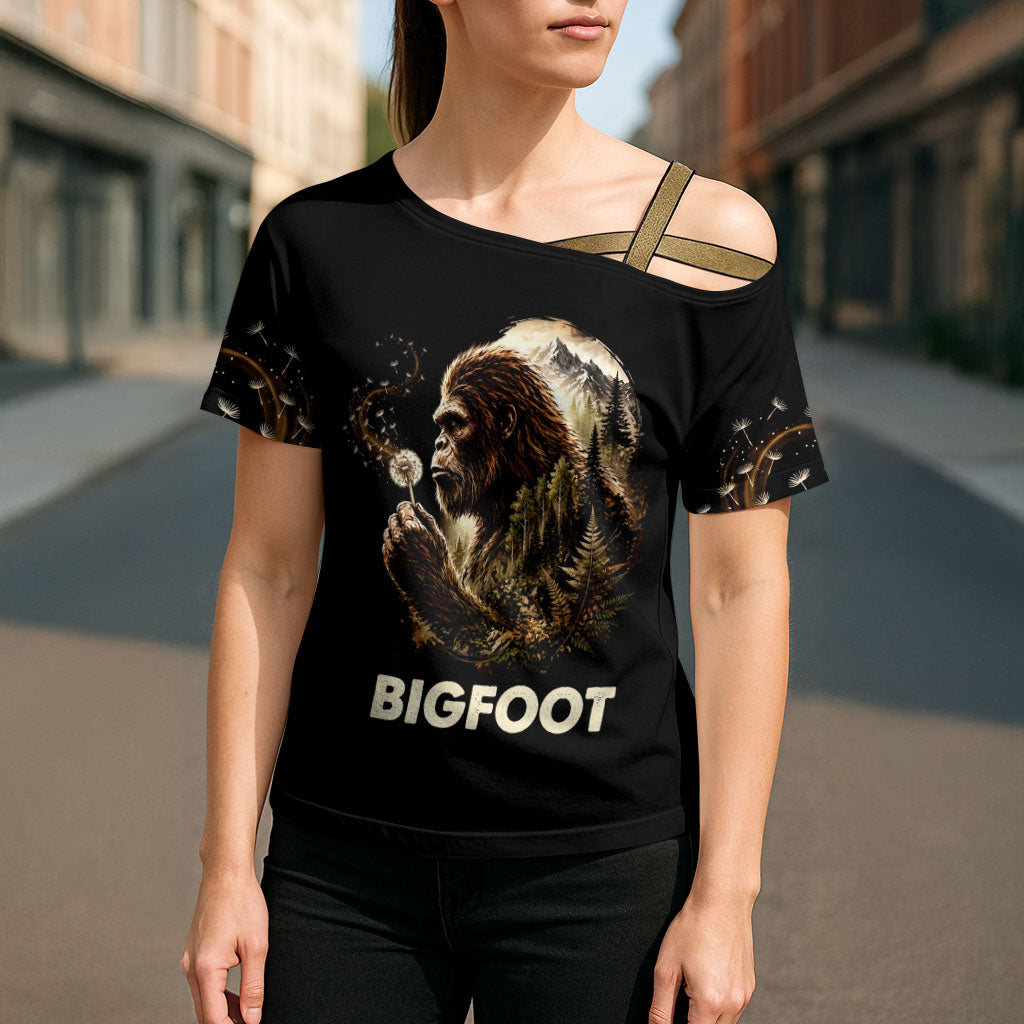 Bigfoot Blowing Wishes Dandelion Cross Shoulder Shirt Vintage Sasquatch Art Forest Mountain Nature