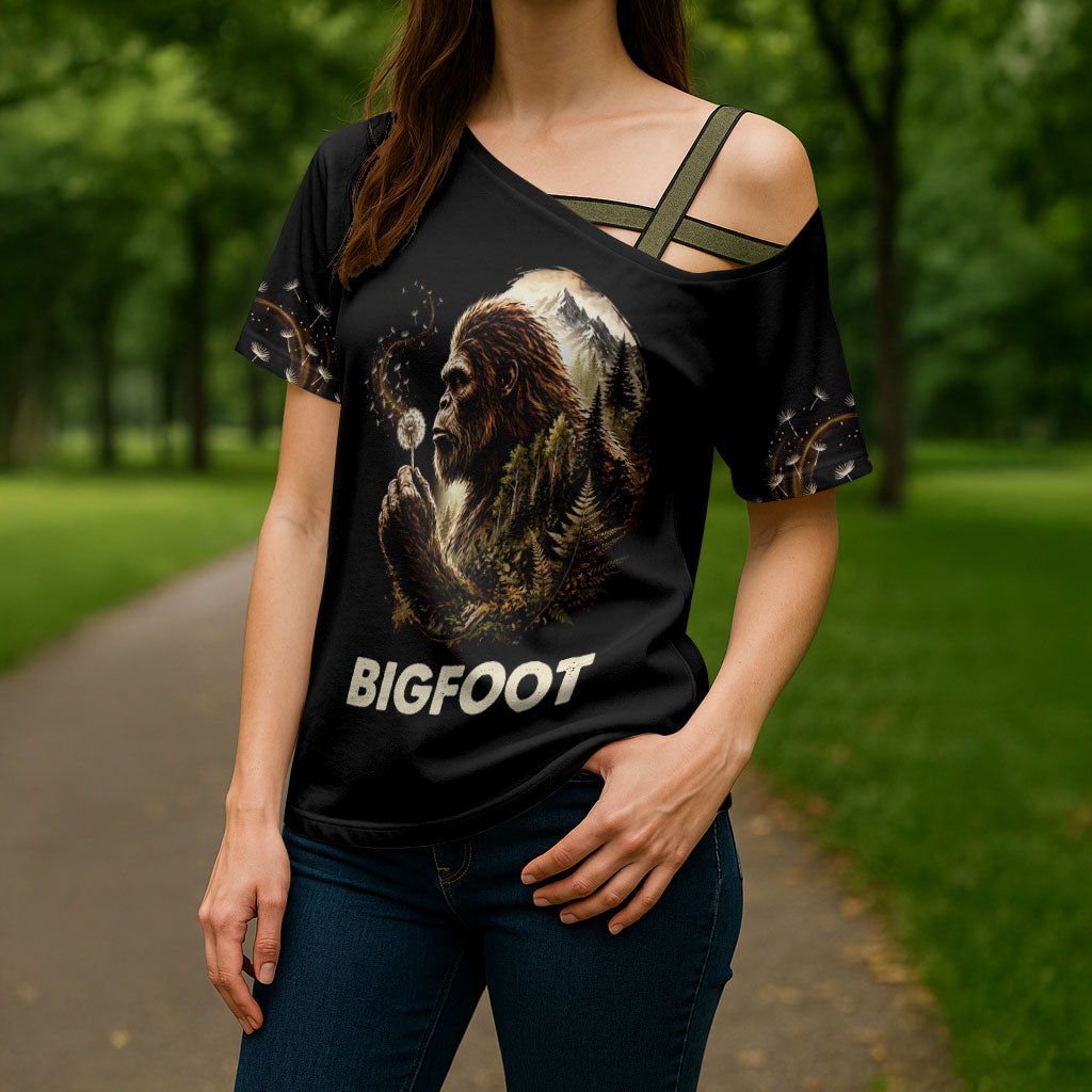 Bigfoot Blowing Wishes Dandelion Cross Shoulder Shirt Vintage Sasquatch Art Forest Mountain Nature