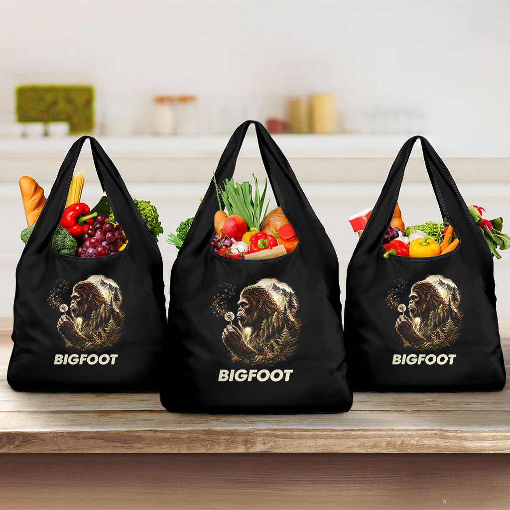 Bigfoot Blowing Wishes Dandelion Grocery Bag Vintage Sasquatch Art Forest Mountain Nature