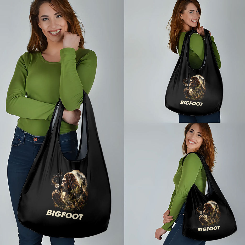 Bigfoot Blowing Wishes Dandelion Grocery Bag Vintage Sasquatch Art Forest Mountain Nature
