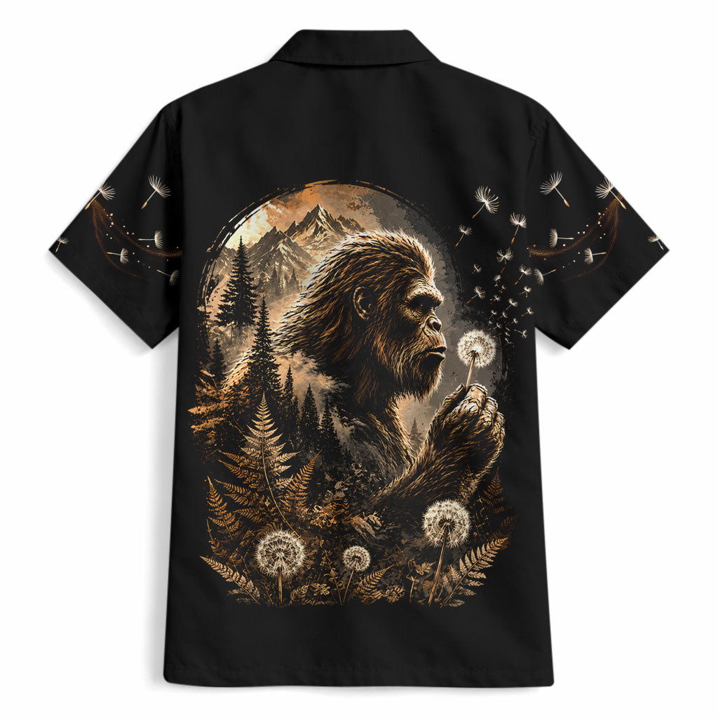 Bigfoot Blowing Wishes Dandelion Hawaiian Shirt Vintage Sasquatch Art Forest Mountain Nature
