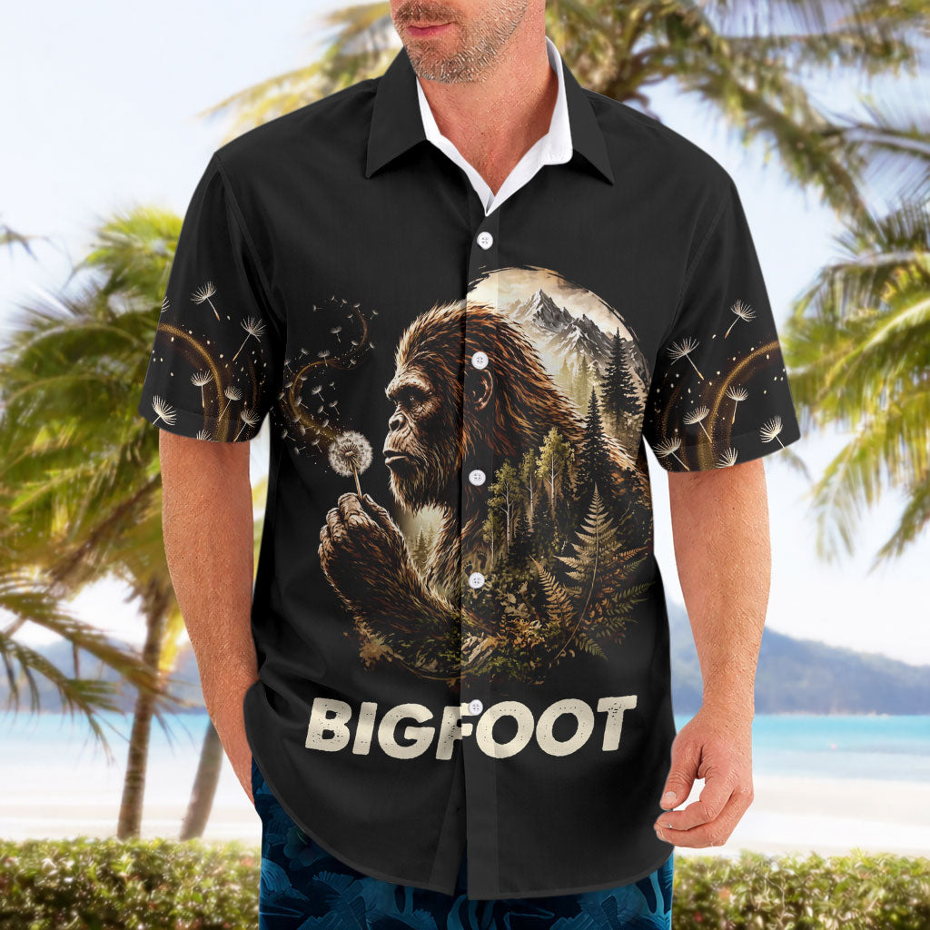 Bigfoot Blowing Wishes Dandelion Hawaiian Shirt Vintage Sasquatch Art Forest Mountain Nature