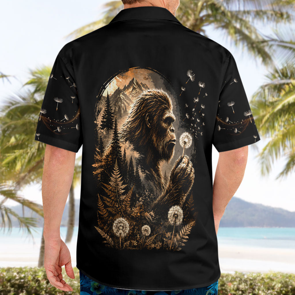 Bigfoot Blowing Wishes Dandelion Hawaiian Shirt Vintage Sasquatch Art Forest Mountain Nature