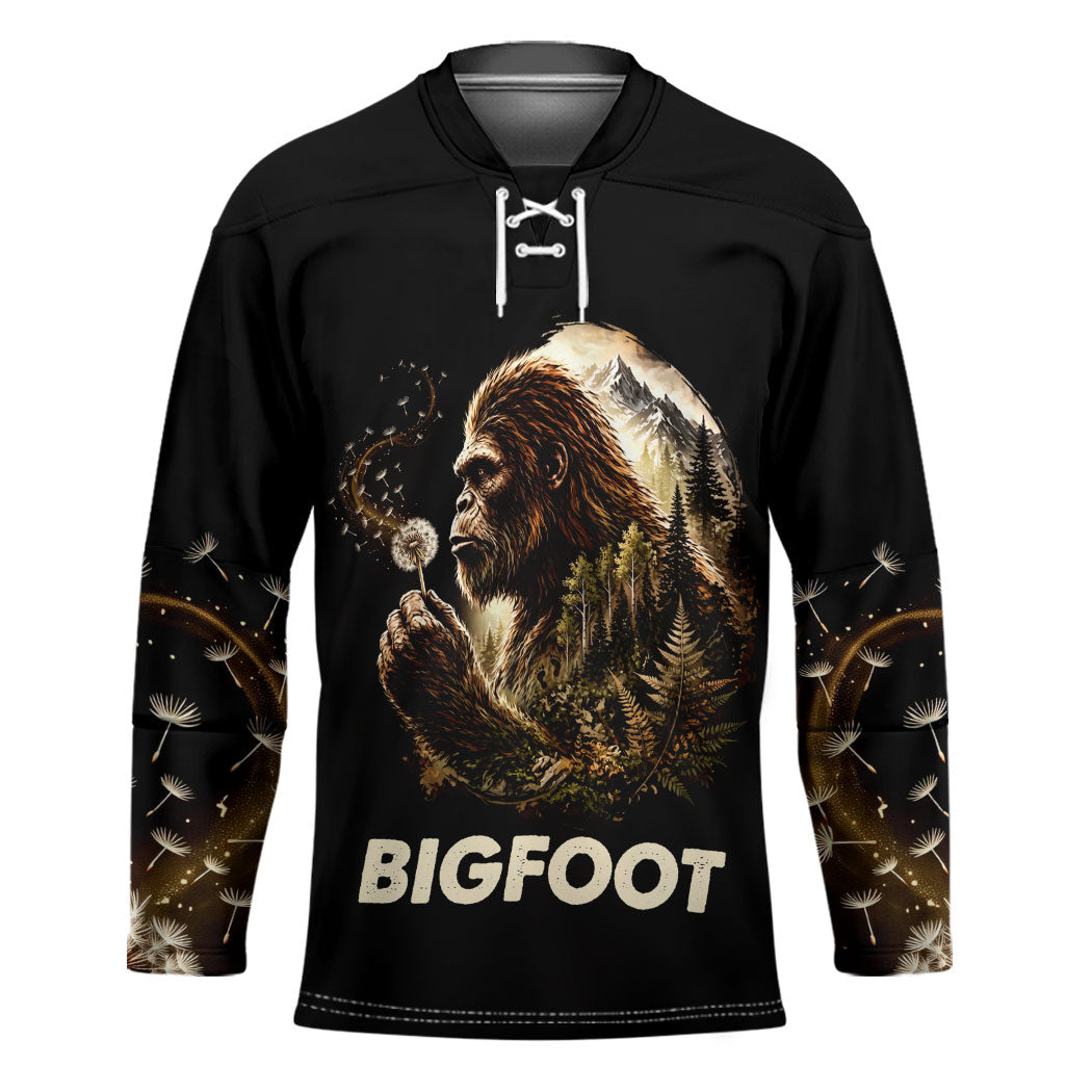 Bigfoot Blowing Wishes Dandelion Hockey Jersey Vintage Sasquatch Art Forest Mountain Nature