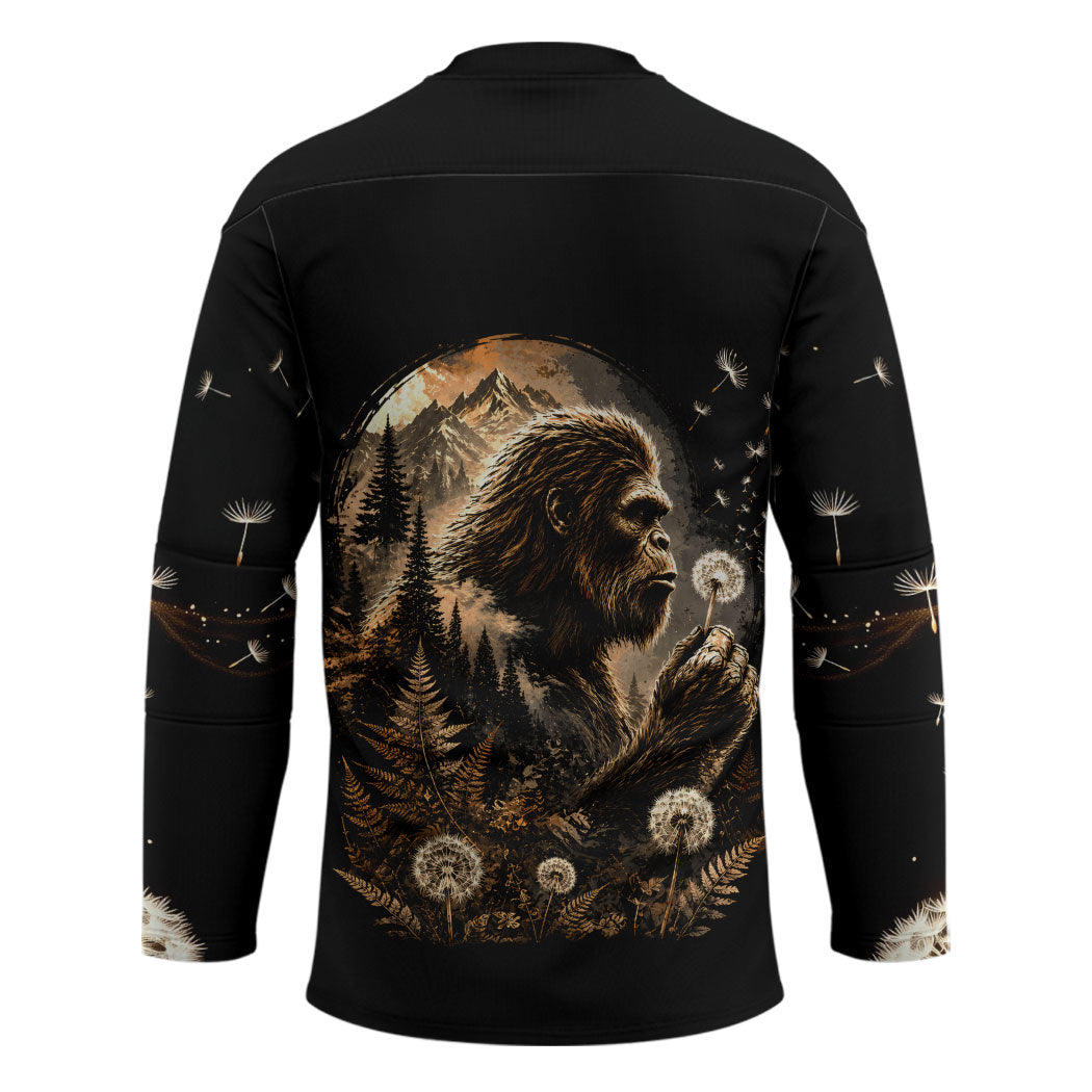 Bigfoot Blowing Wishes Dandelion Hockey Jersey Vintage Sasquatch Art Forest Mountain Nature