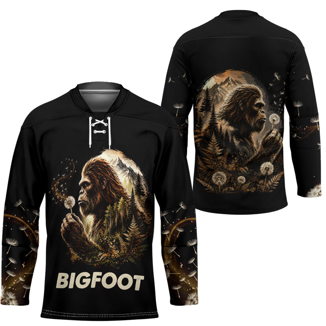 Bigfoot Blowing Wishes Dandelion Hockey Jersey Vintage Sasquatch Art Forest Mountain Nature