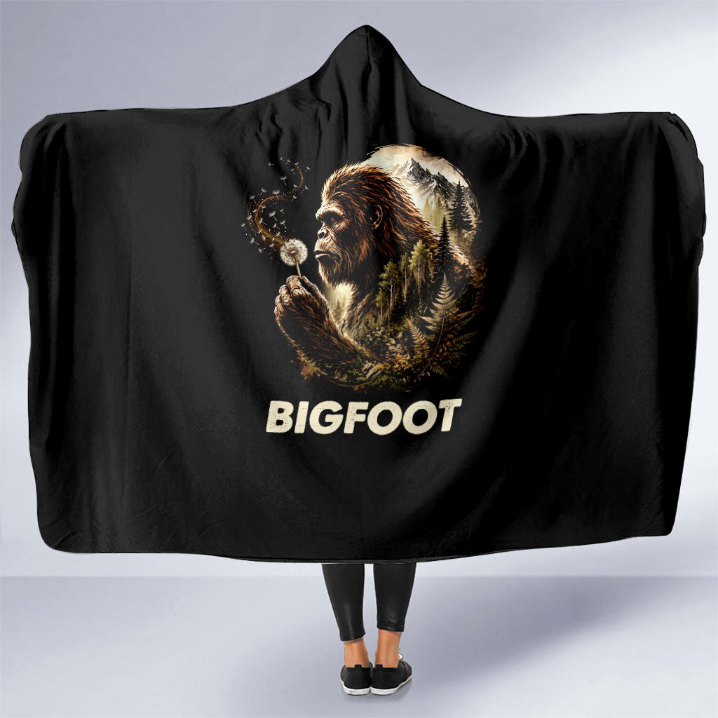 Bigfoot Blowing Wishes Dandelion Hooded Blanket Vintage Sasquatch Art Forest Mountain Nature