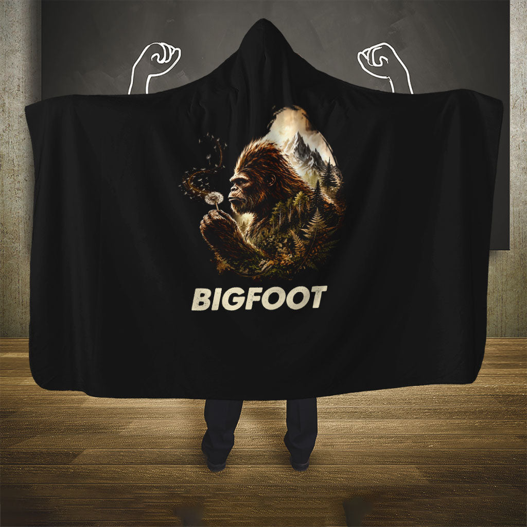 Bigfoot Blowing Wishes Dandelion Hooded Blanket Vintage Sasquatch Art Forest Mountain Nature