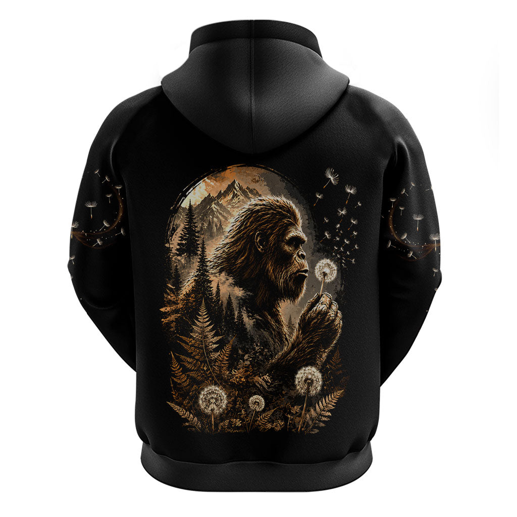 Bigfoot Blowing Wishes Dandelion Hoodie Vintage Sasquatch Art Forest Mountain Nature