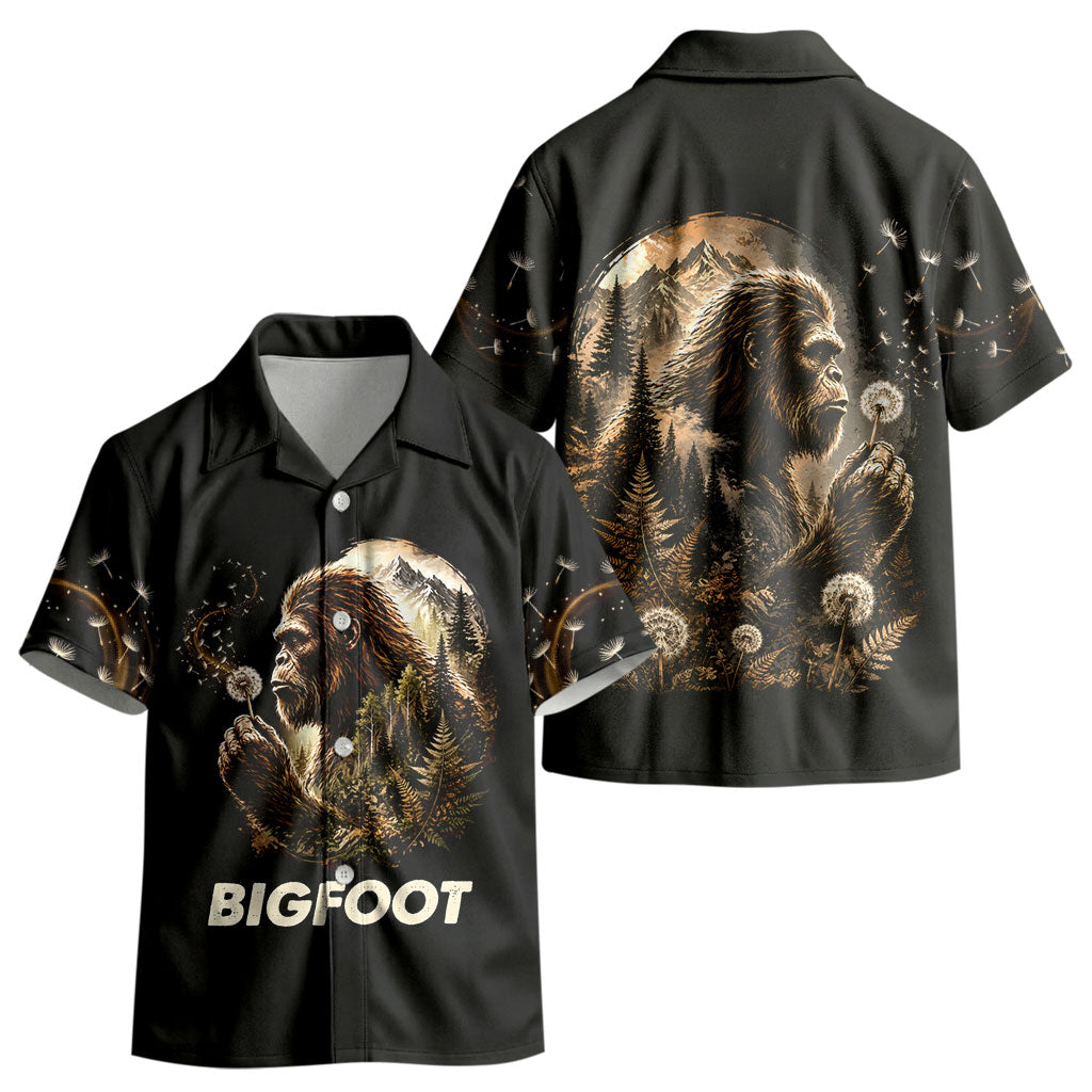 Bigfoot Blowing Wishes Dandelion Kid Hawaiian Shirt Vintage Sasquatch Art Forest Mountain Nature