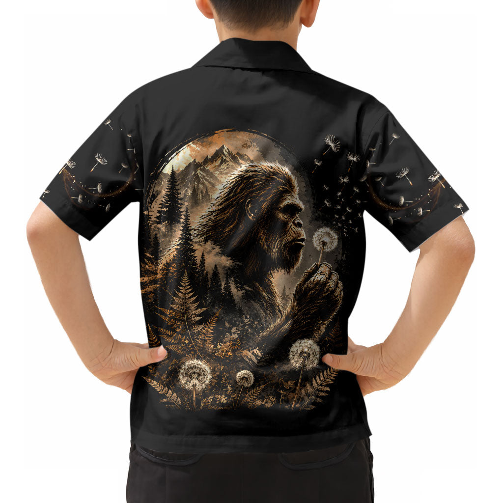 Bigfoot Blowing Wishes Dandelion Kid Hawaiian Shirt Vintage Sasquatch Art Forest Mountain Nature