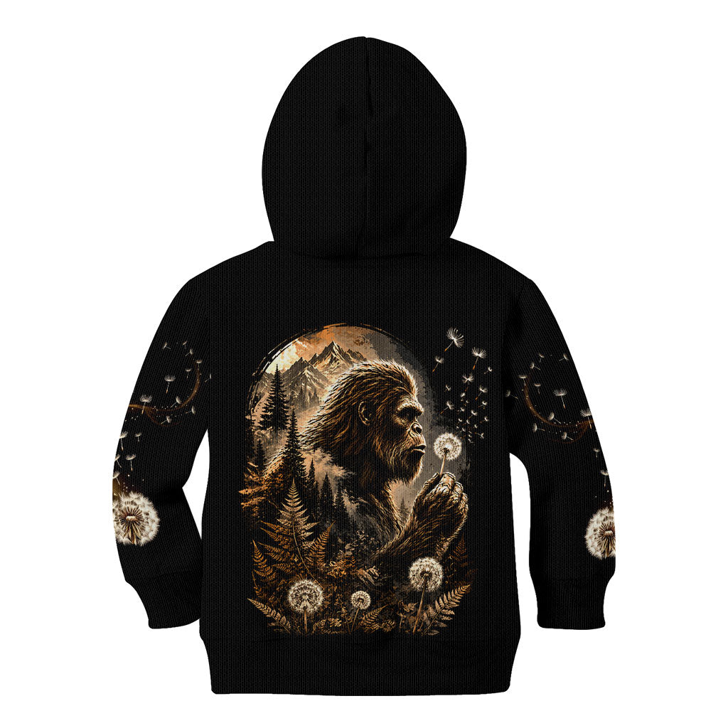 Bigfoot Blowing Wishes Dandelion Kid Hoodie Vintage Sasquatch Art Forest Mountain Nature