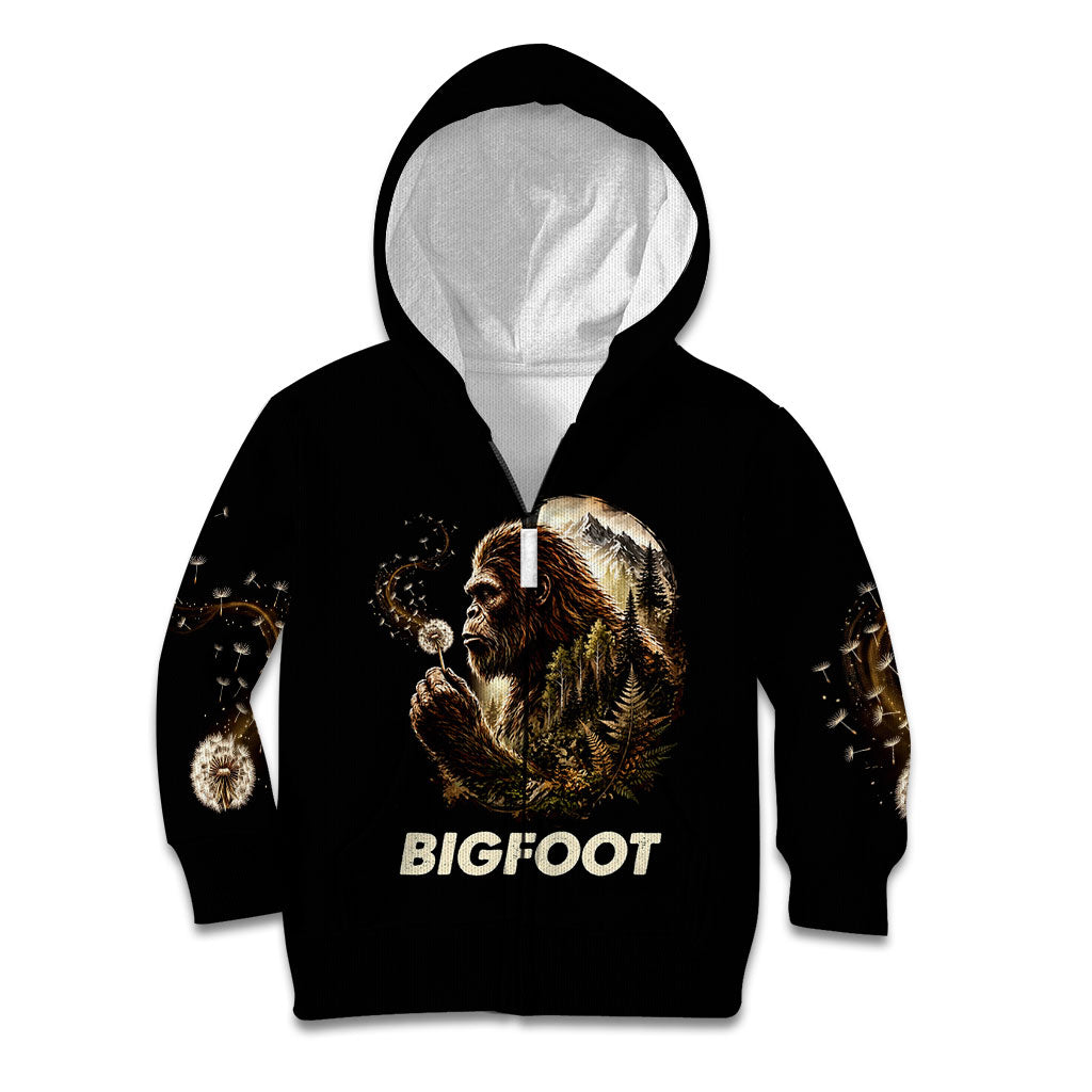 Bigfoot Blowing Wishes Dandelion Kid Hoodie Vintage Sasquatch Art Forest Mountain Nature