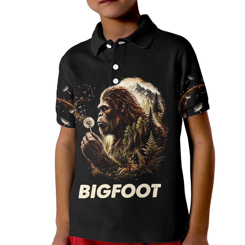 Bigfoot Blowing Wishes Dandelion Kid Polo Shirt Vintage Sasquatch Art Forest Mountain Nature