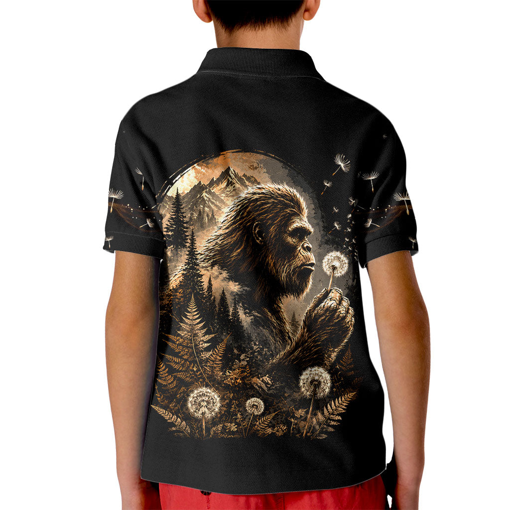 Bigfoot Blowing Wishes Dandelion Kid Polo Shirt Vintage Sasquatch Art Forest Mountain Nature