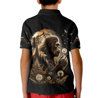 Bigfoot Blowing Wishes Dandelion Kid Polo Shirt Vintage Sasquatch Art Forest Mountain Nature