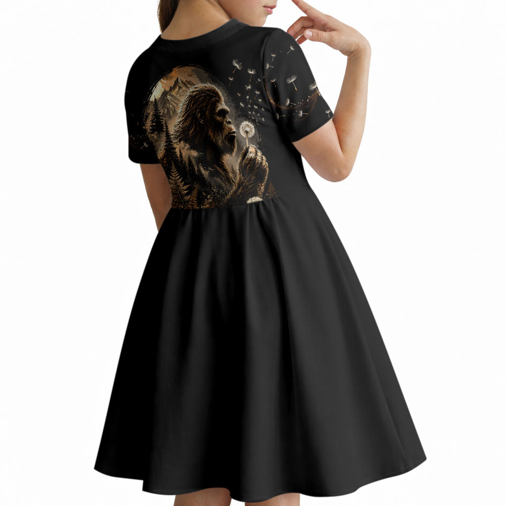 Bigfoot Blowing Wishes Dandelion Kid Short Sleeve Dress Vintage Sasquatch Art Forest Mountain Nature