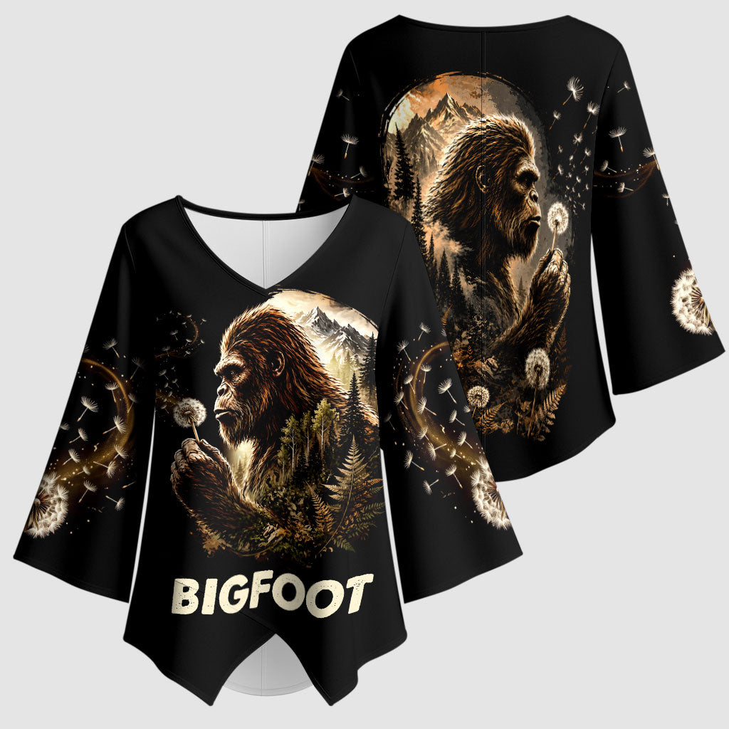 Bigfoot Blowing Wishes Dandelion Kimono Sleeve Blouse Vintage Sasquatch Art Forest Mountain Nature