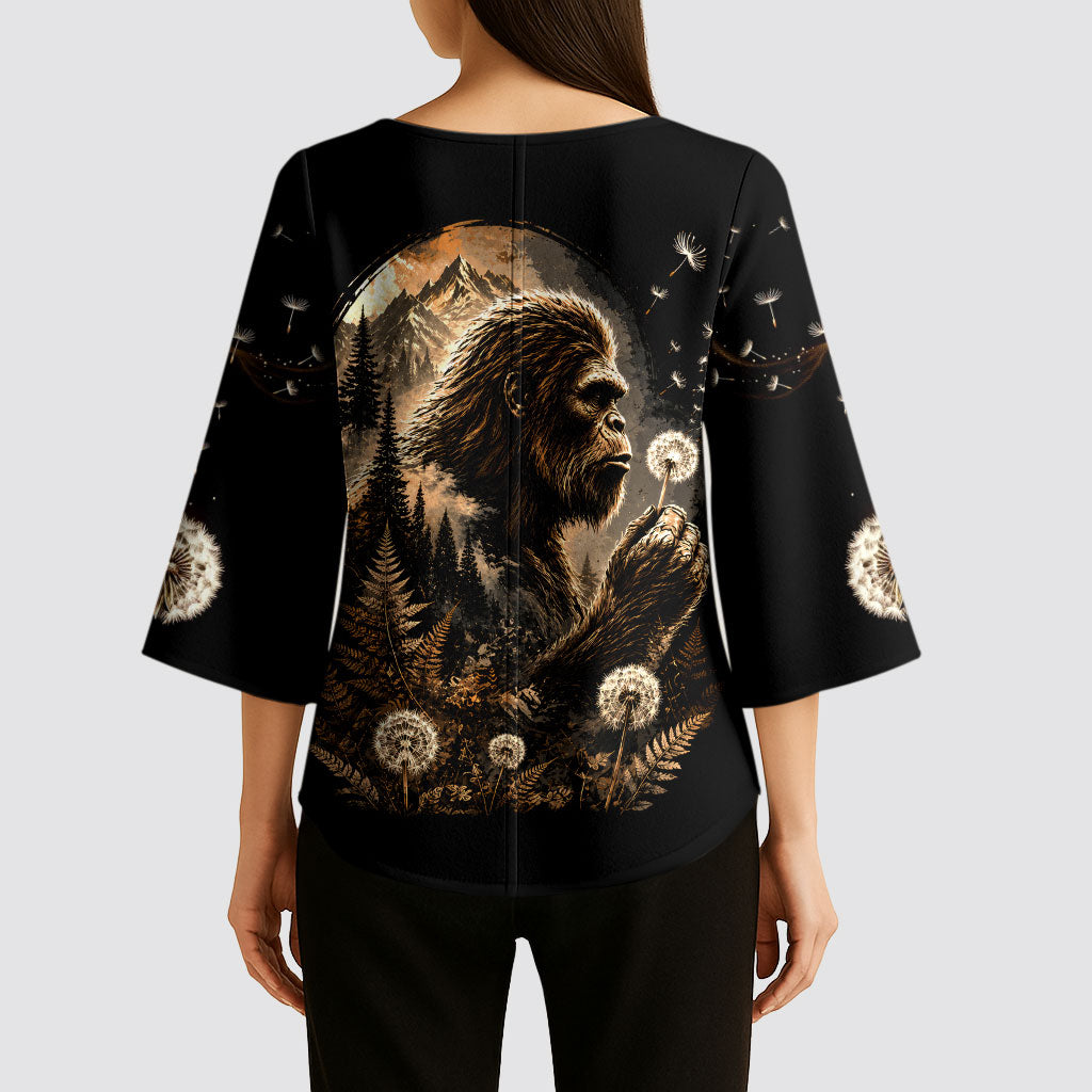 Bigfoot Blowing Wishes Dandelion Kimono Sleeve Blouse Vintage Sasquatch Art Forest Mountain Nature