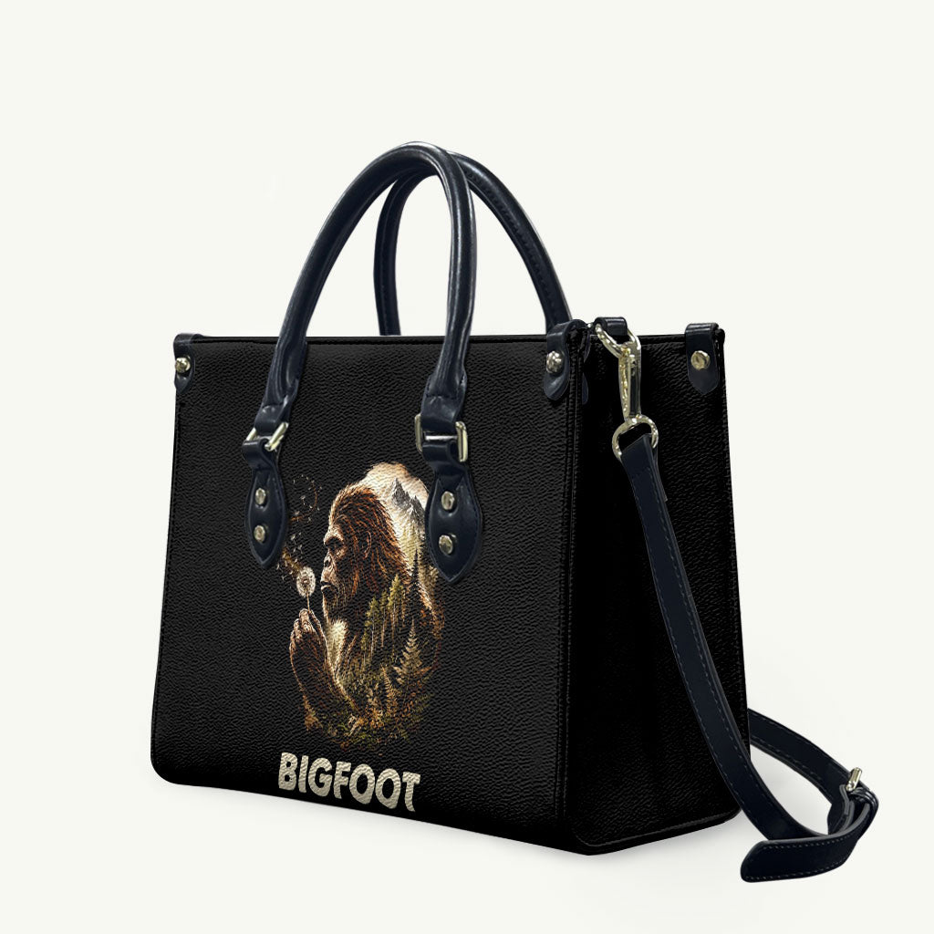 Bigfoot Blowing Wishes Dandelion Leather Bag Vintage Sasquatch Art Forest Mountain Nature