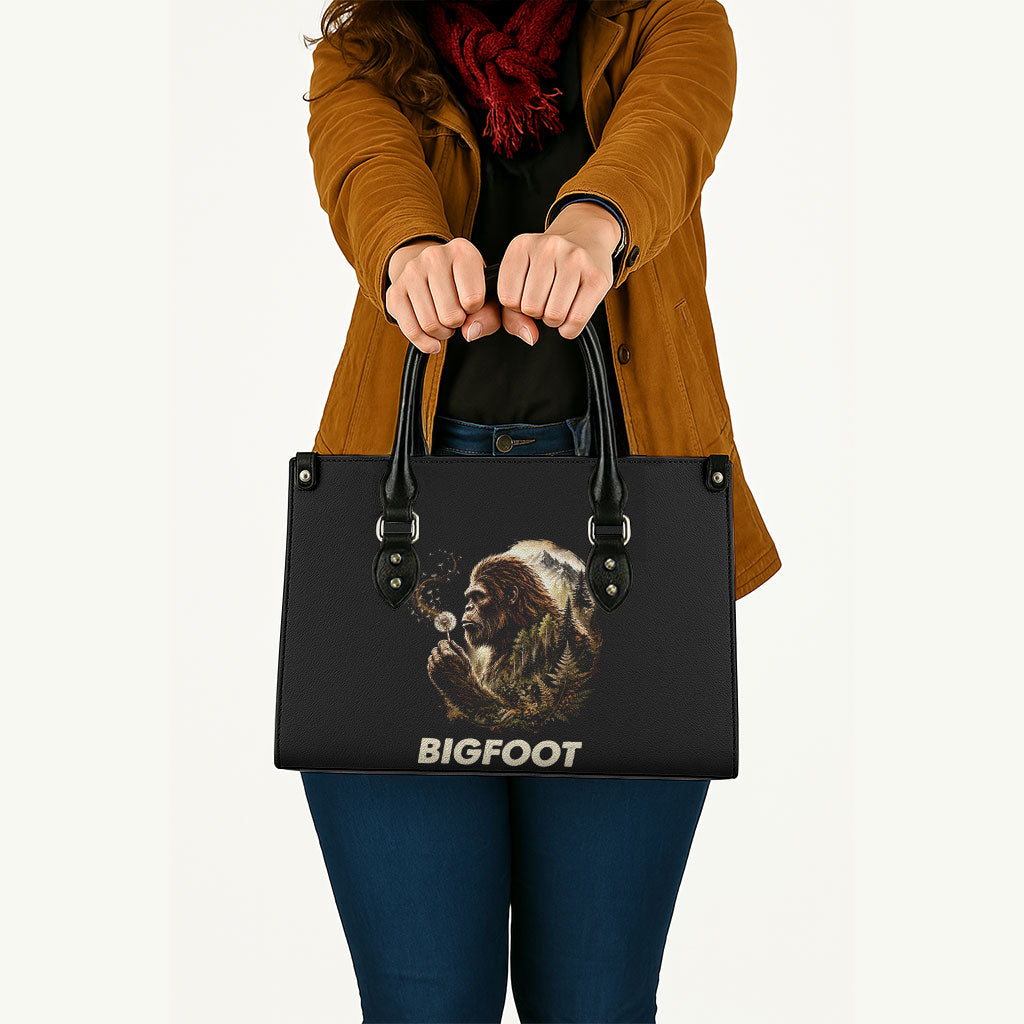 Bigfoot Blowing Wishes Dandelion Leather Bag Vintage Sasquatch Art Forest Mountain Nature
