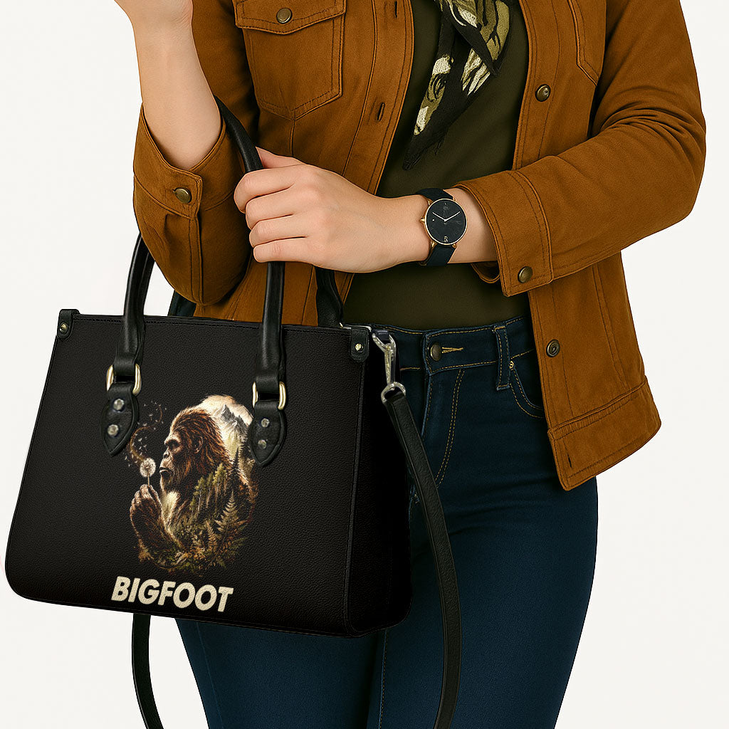 Bigfoot Blowing Wishes Dandelion Leather Bag Vintage Sasquatch Art Forest Mountain Nature