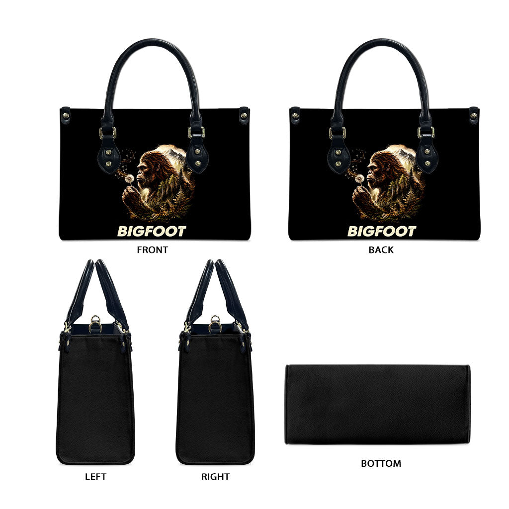 Bigfoot Blowing Wishes Dandelion Leather Bag Vintage Sasquatch Art Forest Mountain Nature