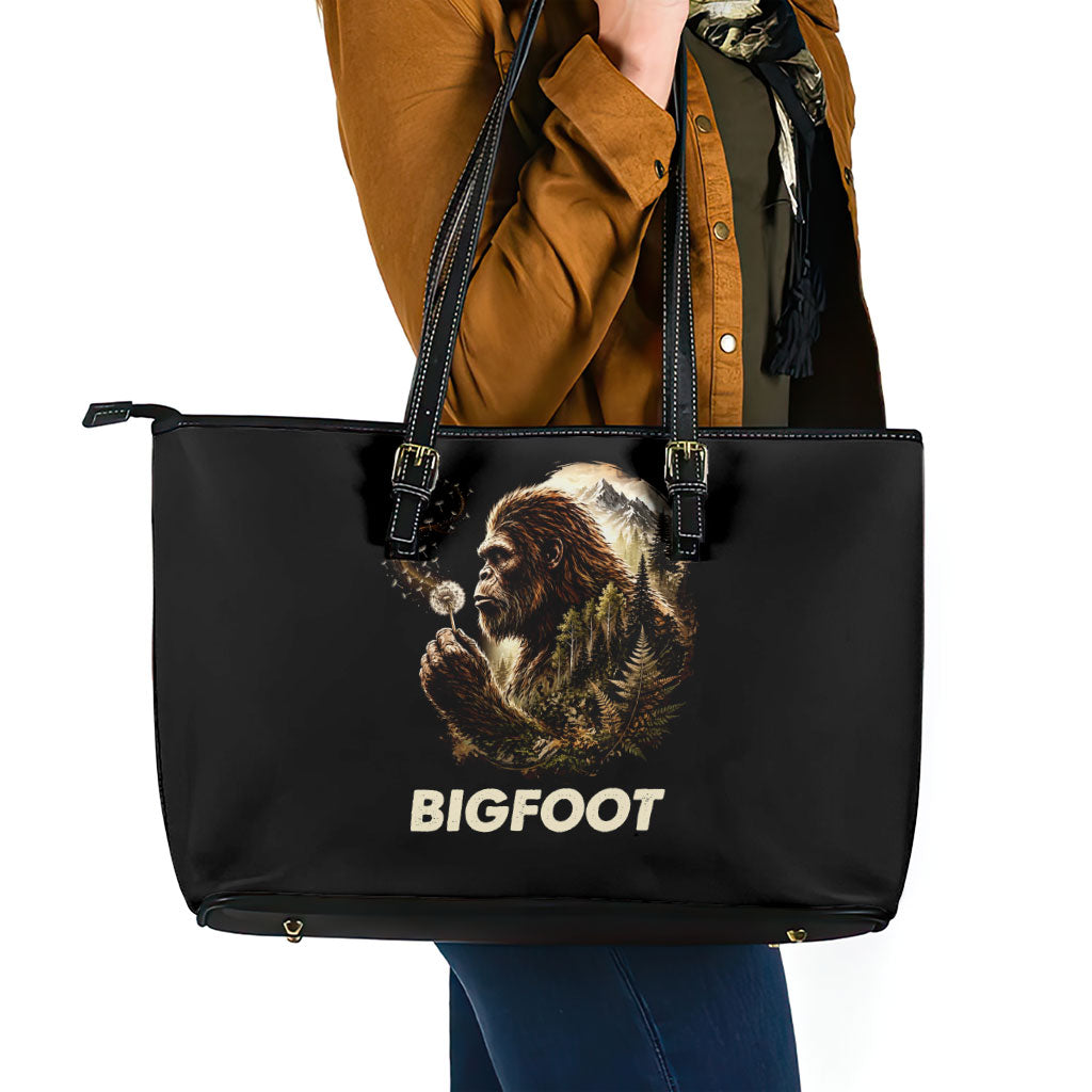 Bigfoot Blowing Wishes Dandelion Leather Tote Bag Vintage Sasquatch Art Forest Mountain Nature