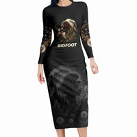 Bigfoot Blowing Wishes Dandelion Long Sleeve Bodycon Dress Vintage Sasquatch Art Forest Mountain Nature