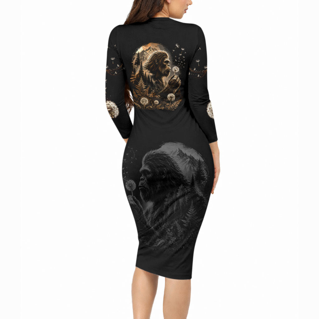 Bigfoot Blowing Wishes Dandelion Long Sleeve Bodycon Dress Vintage Sasquatch Art Forest Mountain Nature