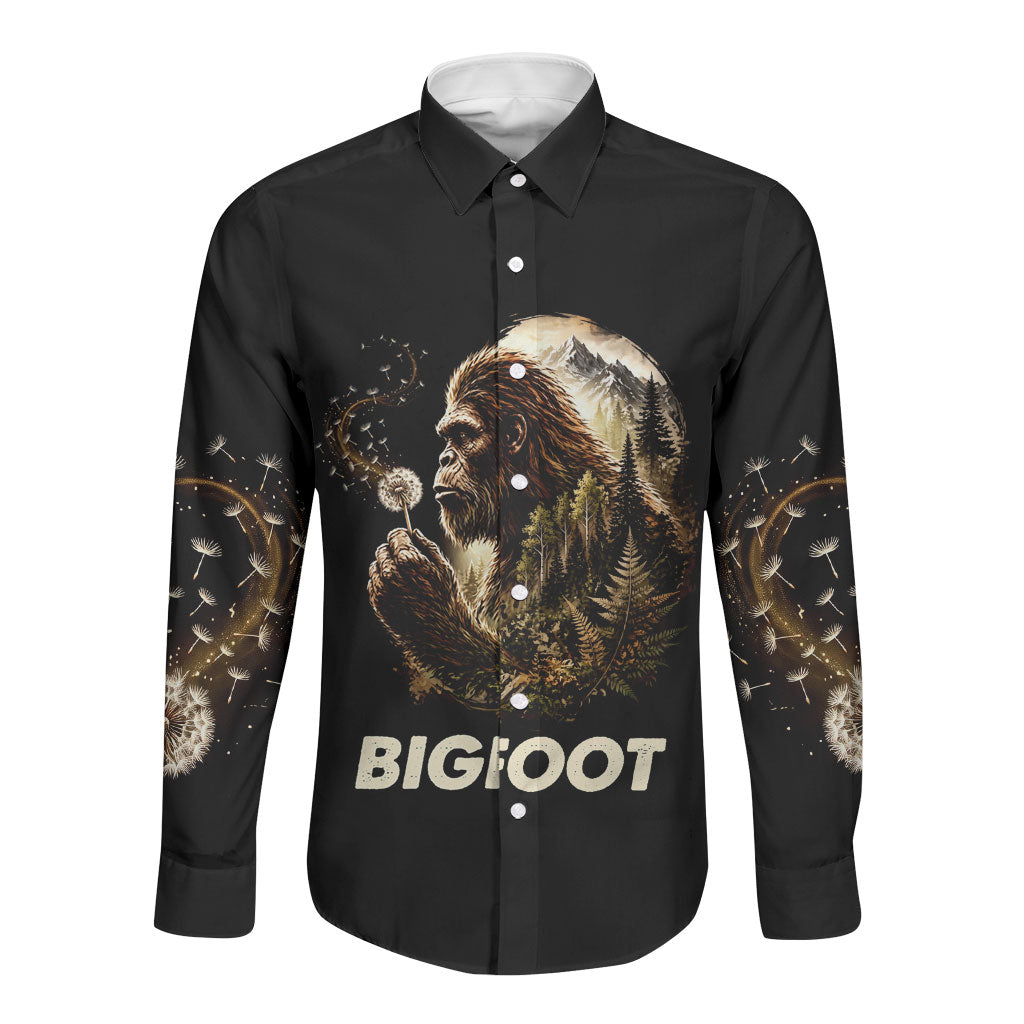 Bigfoot Blowing Wishes Dandelion Long Sleeve Button Shirt Vintage Sasquatch Art Forest Mountain Nature