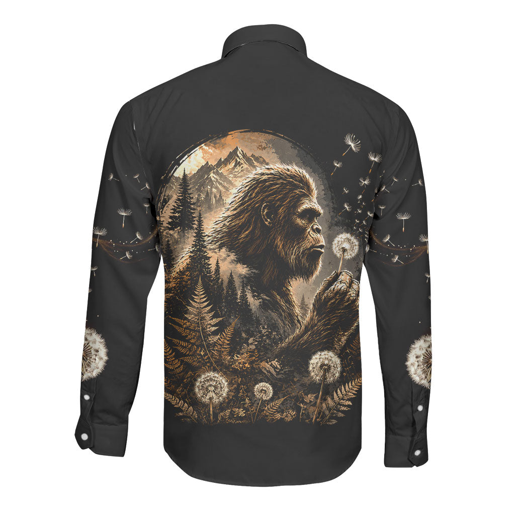 Bigfoot Blowing Wishes Dandelion Long Sleeve Button Shirt Vintage Sasquatch Art Forest Mountain Nature