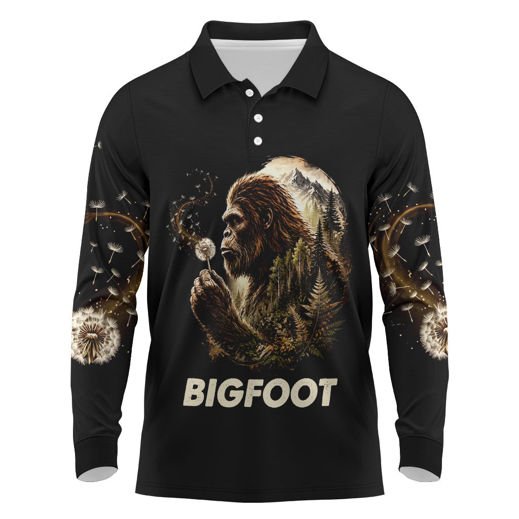 Bigfoot Blowing Wishes Dandelion Long Sleeve Polo Shirt Vintage Sasquatch Art Forest Mountain Nature