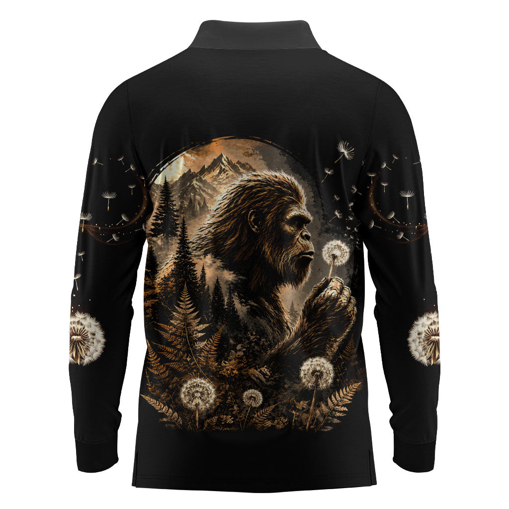 Bigfoot Blowing Wishes Dandelion Long Sleeve Polo Shirt Vintage Sasquatch Art Forest Mountain Nature