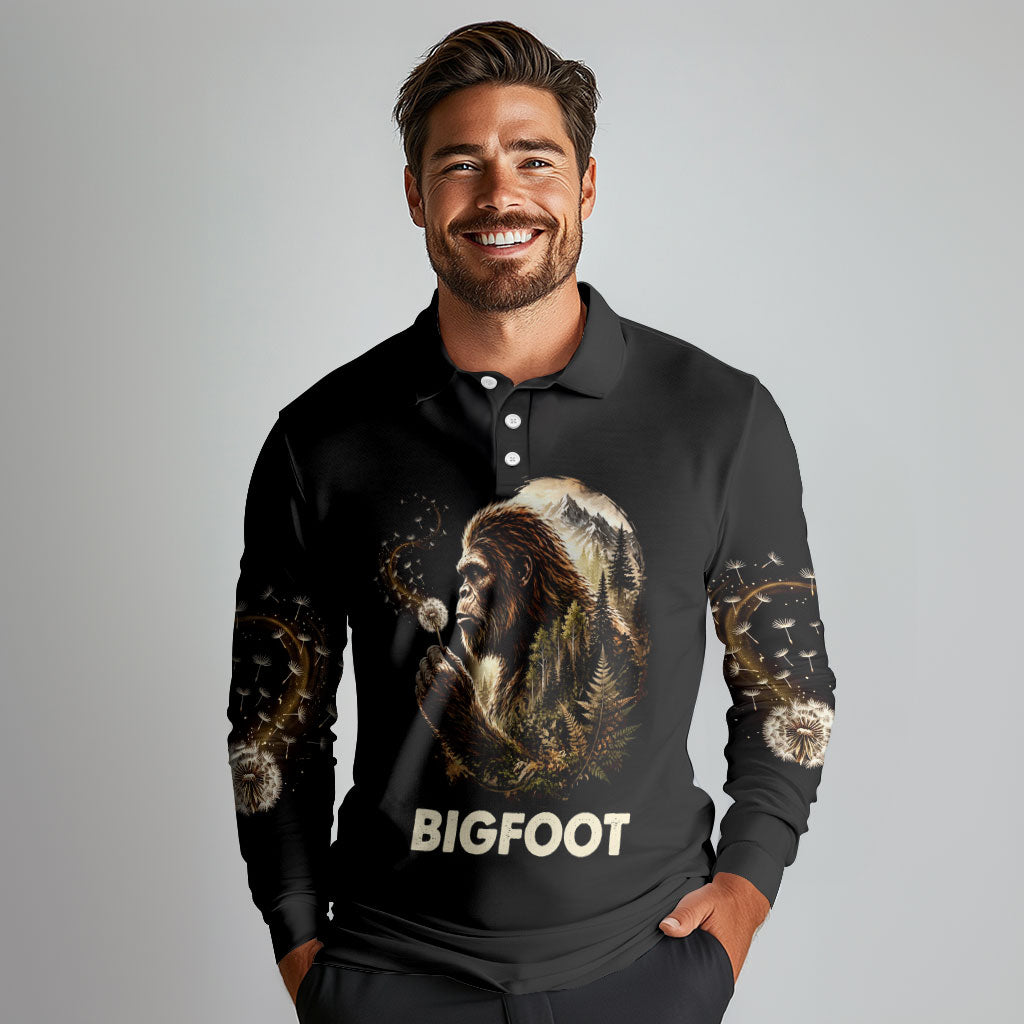 Bigfoot Blowing Wishes Dandelion Long Sleeve Polo Shirt Vintage Sasquatch Art Forest Mountain Nature