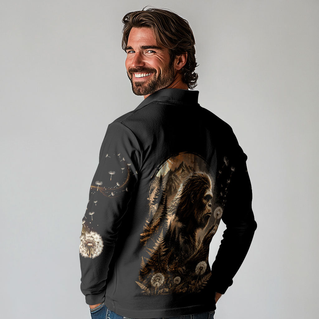 Bigfoot Blowing Wishes Dandelion Long Sleeve Polo Shirt Vintage Sasquatch Art Forest Mountain Nature
