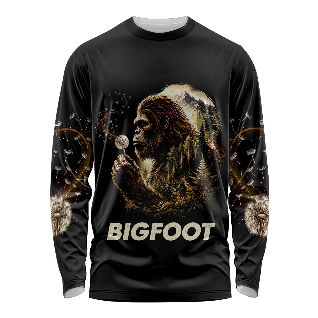 Bigfoot Blowing Wishes Dandelion Long Sleeve Shirt Vintage Sasquatch Art Forest Mountain Nature