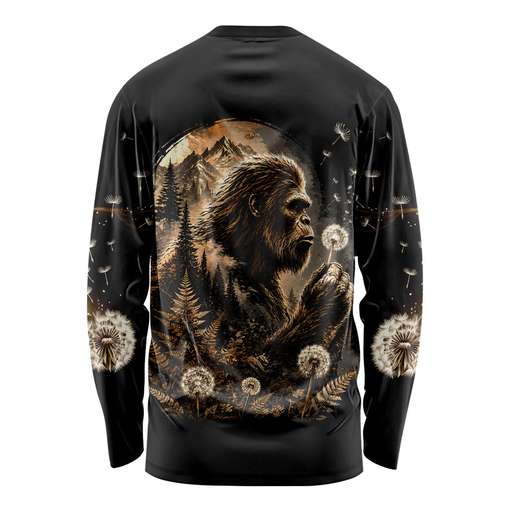 Bigfoot Blowing Wishes Dandelion Long Sleeve Shirt Vintage Sasquatch Art Forest Mountain Nature