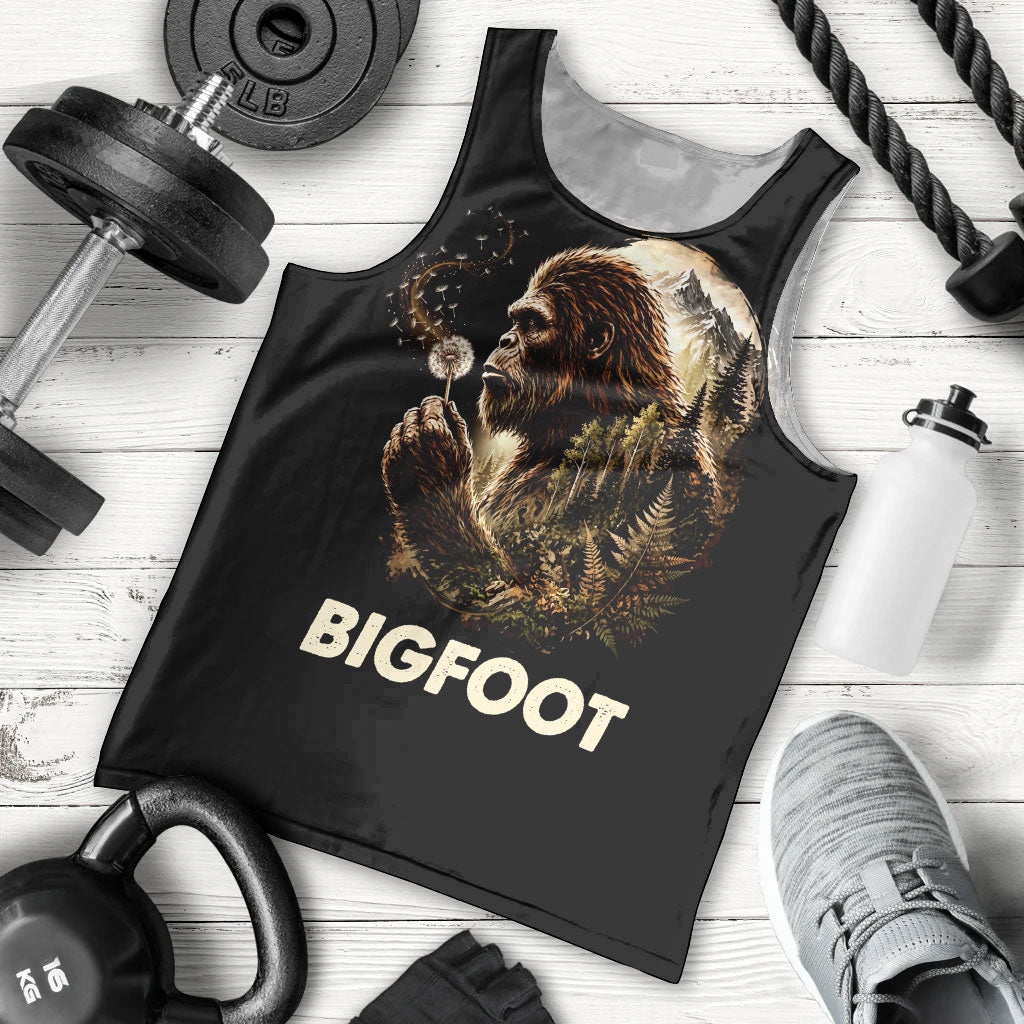 Bigfoot Blowing Wishes Dandelion Men Tank Top Vintage Sasquatch Art Forest Mountain Nature