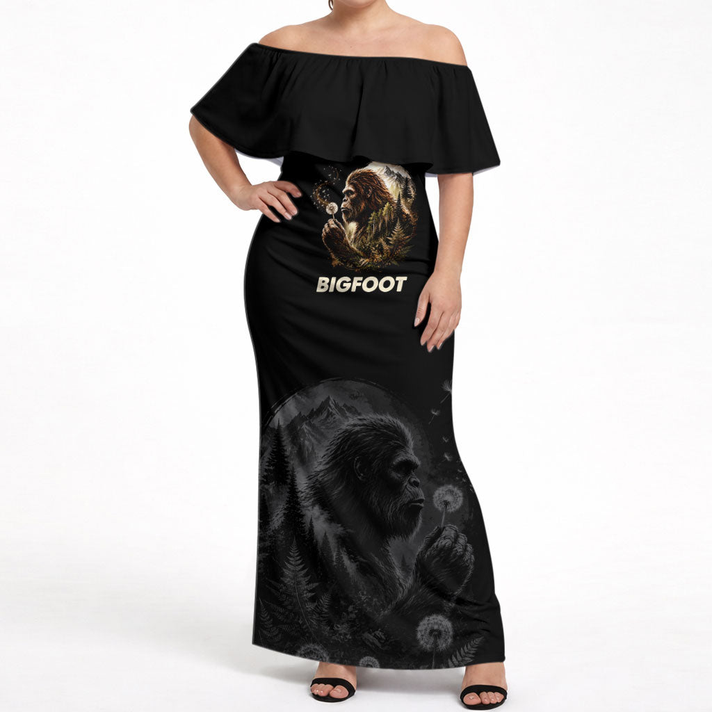Bigfoot Blowing Wishes Dandelion Off Shoulder Maxi Dress Vintage Sasquatch Art Forest Mountain Nature