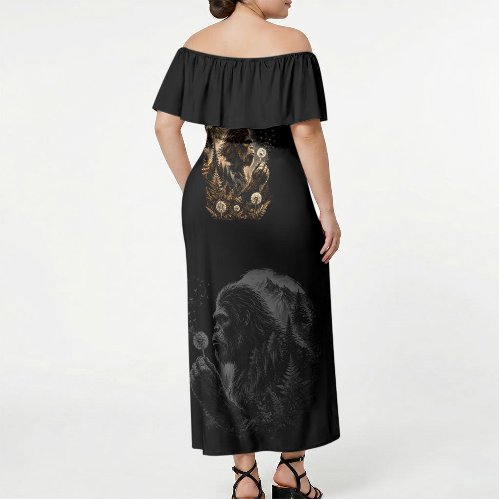 Bigfoot Blowing Wishes Dandelion Off Shoulder Maxi Dress Vintage Sasquatch Art Forest Mountain Nature